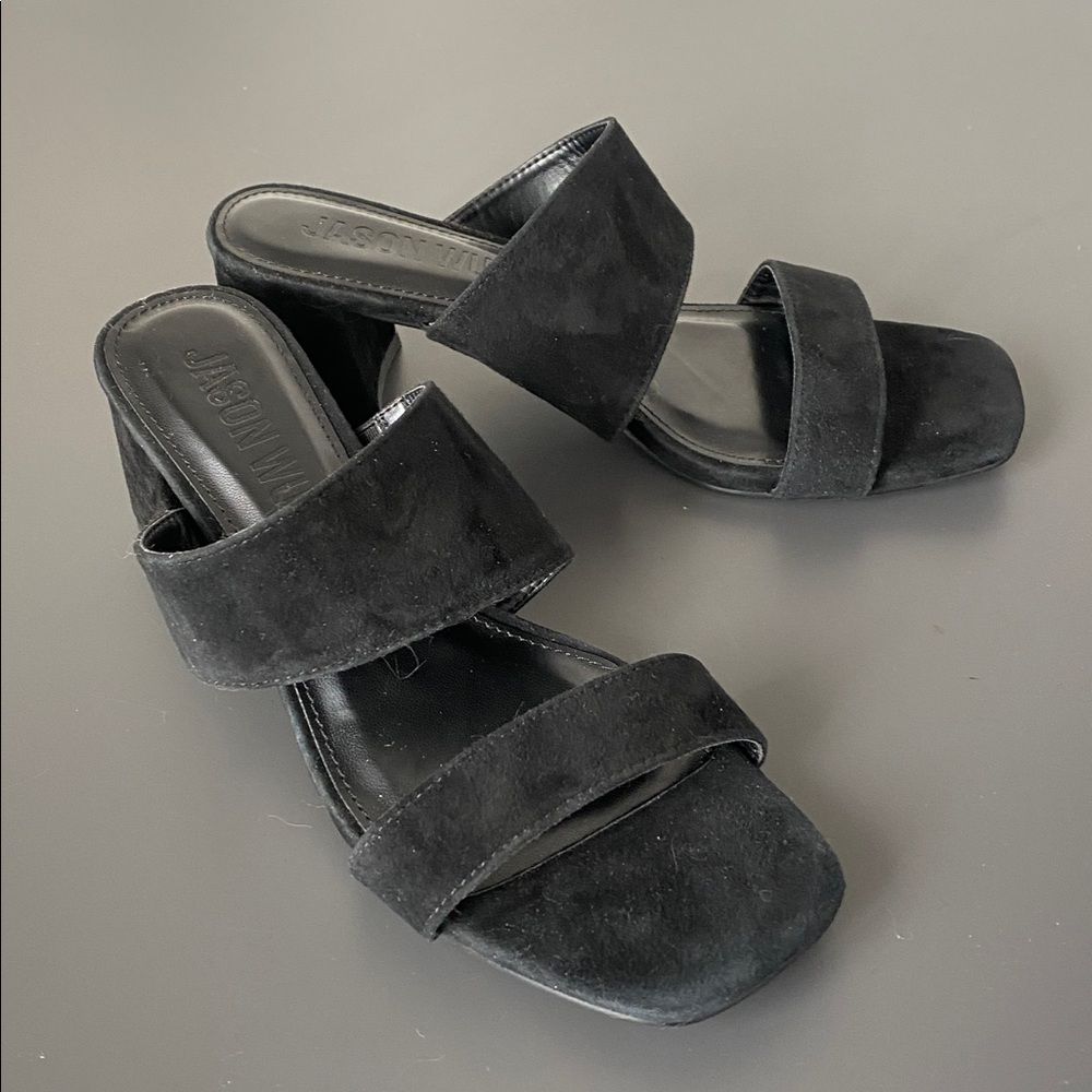 New Jason Wu Jammie Double-Strap Block Heel Sandals Black Suede Sz 8 Urban Chic
